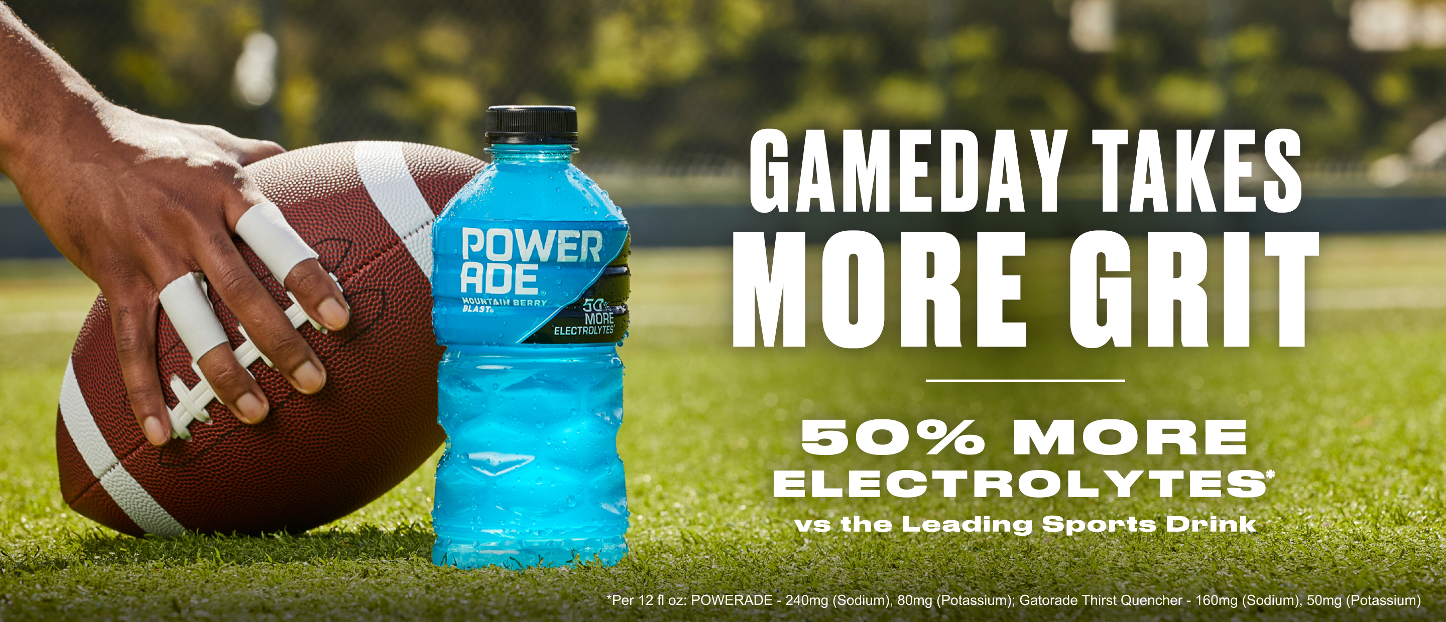 Gameday takes more grit. 50% more electrolytes vs the leading sports drink. Hand holding a football down on the grass