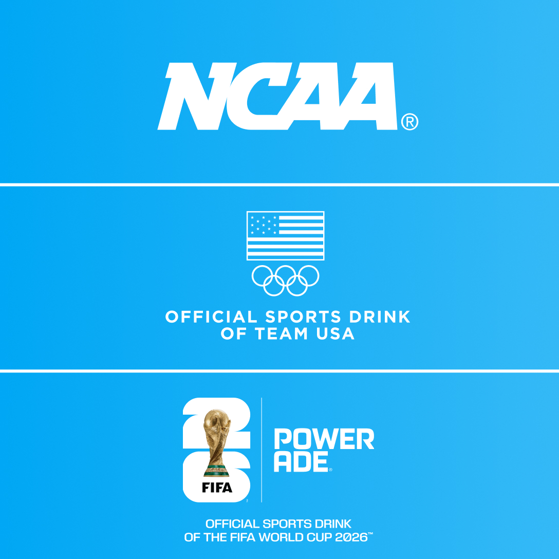 Logos of Powerade partners: the NCAA, Team USA, and FIFA